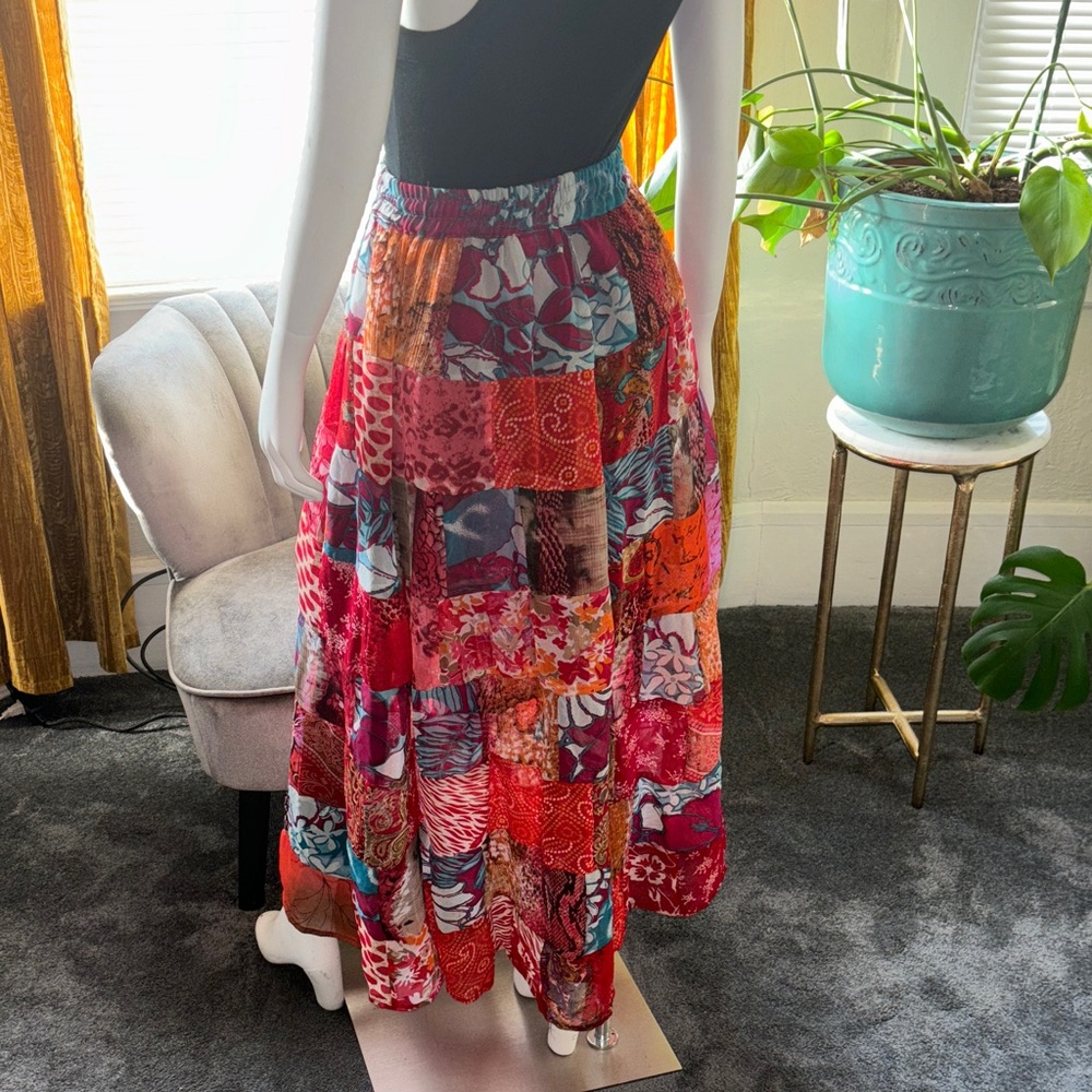 Boho Patchwork Red Tiered Maxi Skirt - Women - Picture 8 of 13